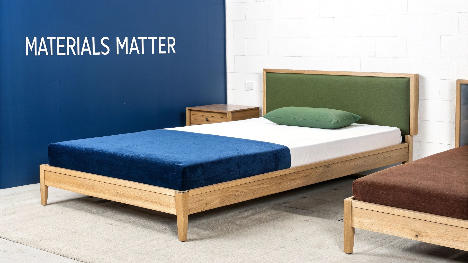 Modern wooden bed frames with upholstered headboards in blue, white, and brown finishes displayed in showroom