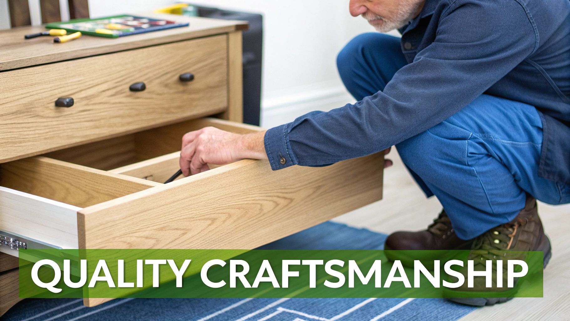 A person is installing a wooden drawer with internal dividers into a light wood dresser, showcasing quality craftsmanship.