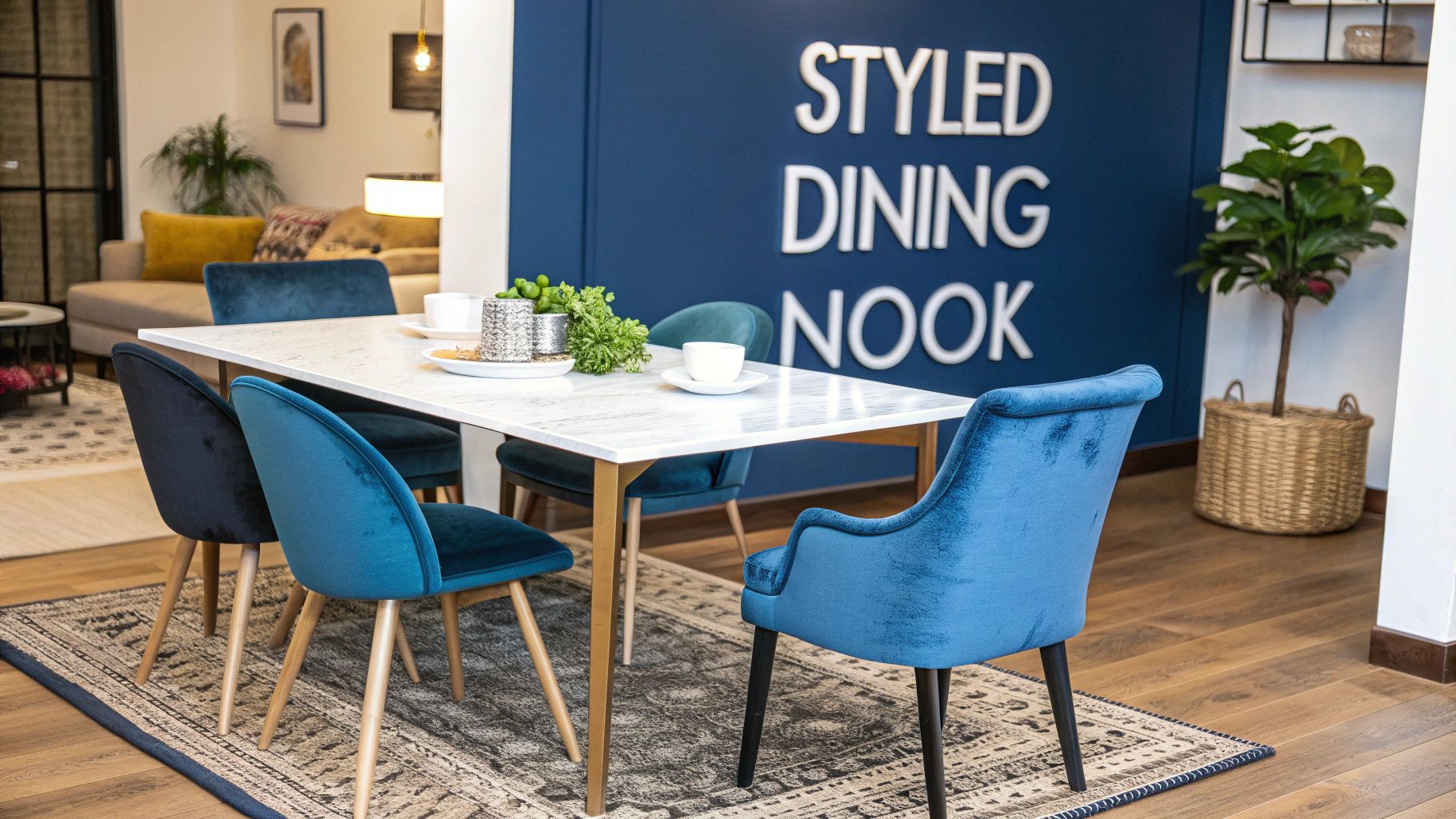A stylishly decorated small rectangular dining table in a modern dining nook.