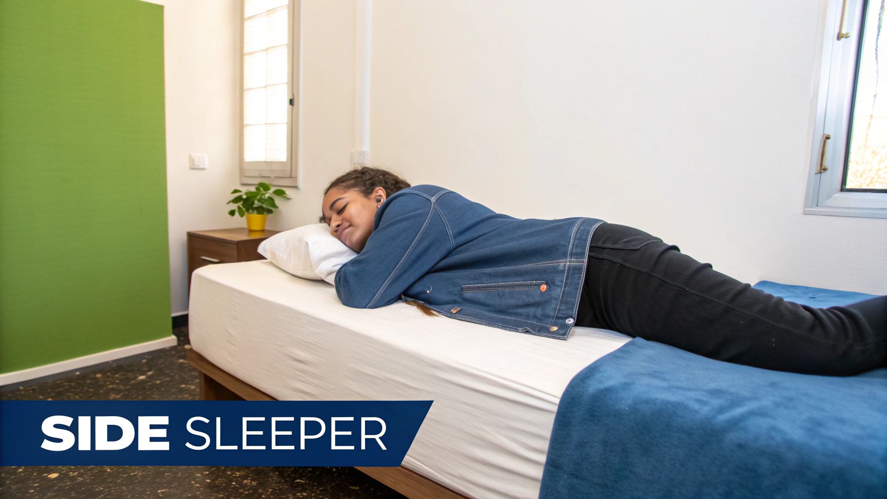 A person sleeping on their side with a pillow supporting their head and neck