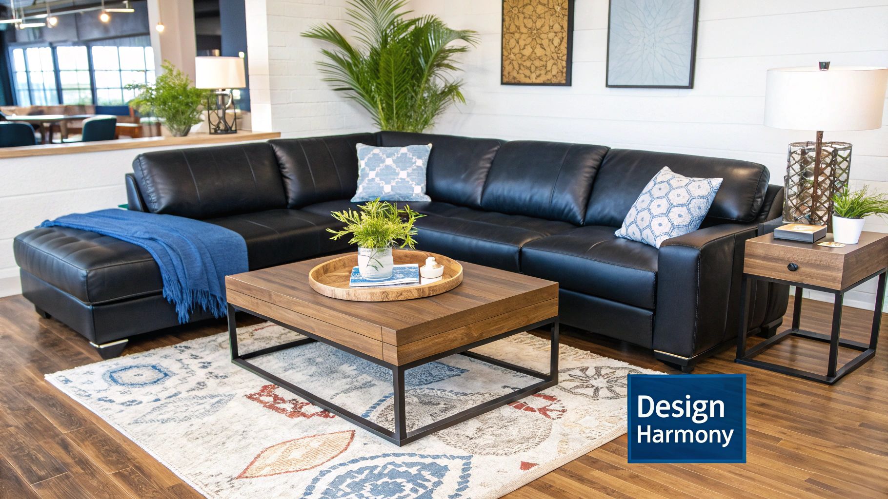 A modern living room featuring a tan leather sectional styled with a sintered stone coffee table and textured cushions.