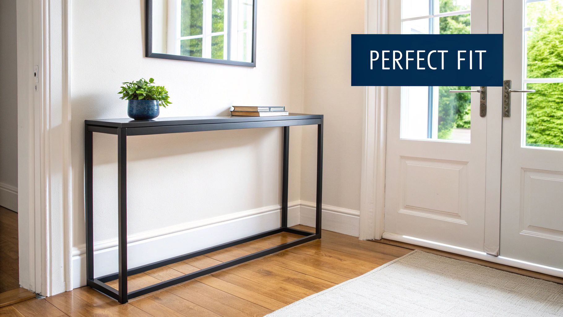 A modern console table with a sintered stone top and brushed gold frame, perfectly styled in a minimalist hallway.