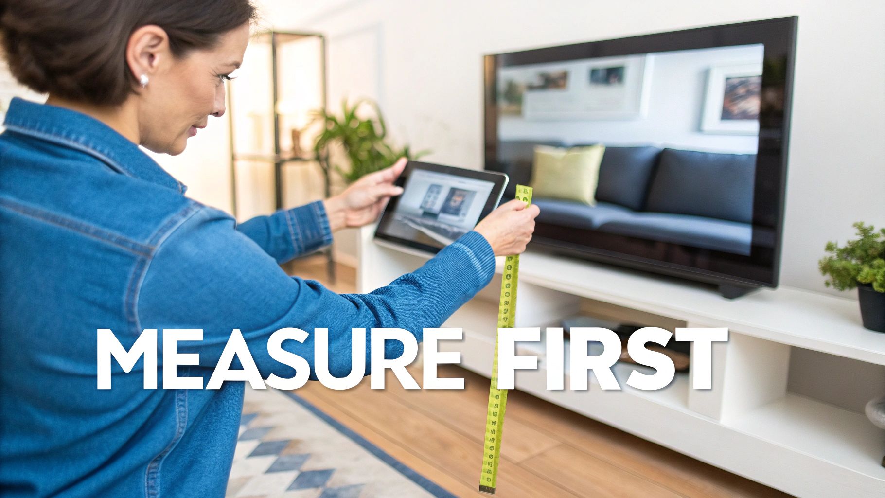 A woman measures with a tape measure while looking at a tablet, standing in front of a TV and stand.