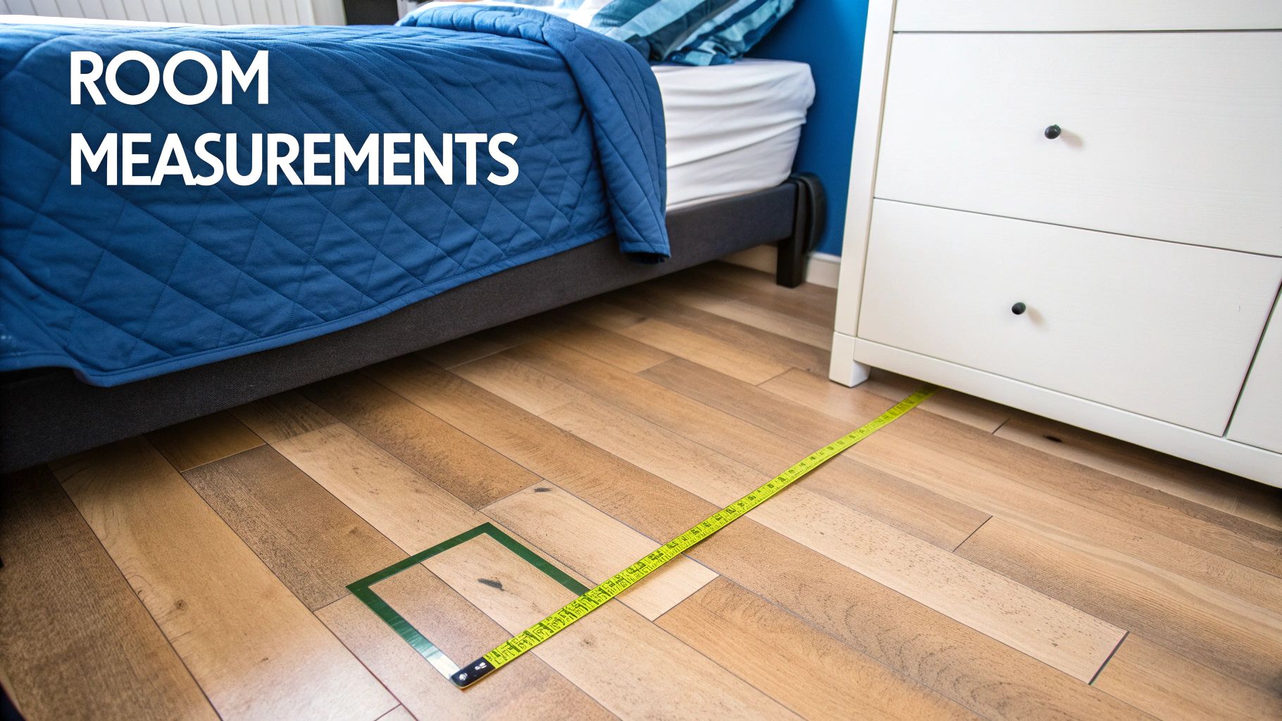A person using masking tape on the floor to visualize furniture placement in a bedroom.