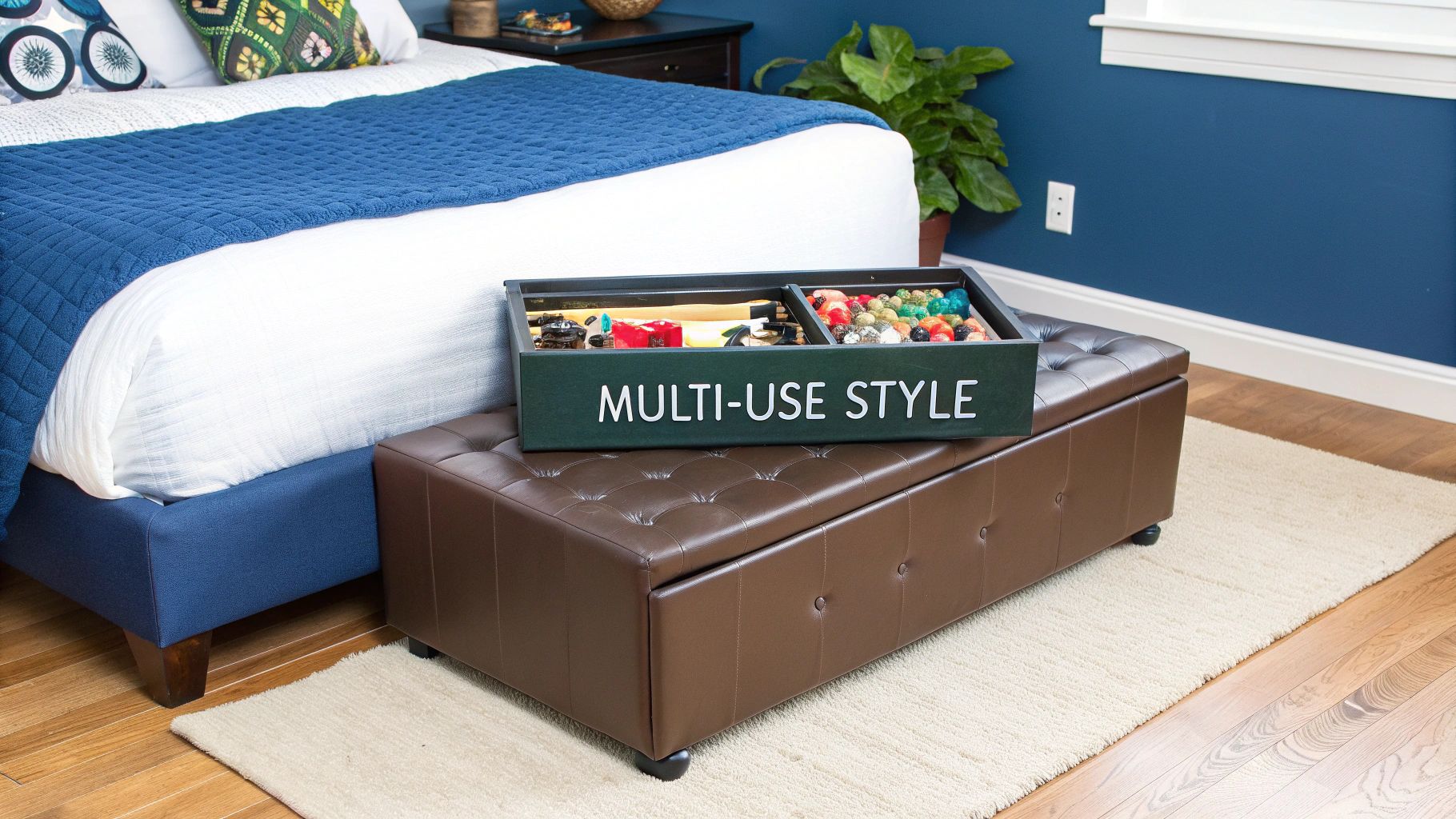 Brown leather tufted storage ottoman with open compartments displaying multi-use organization beside blue upholstered bed