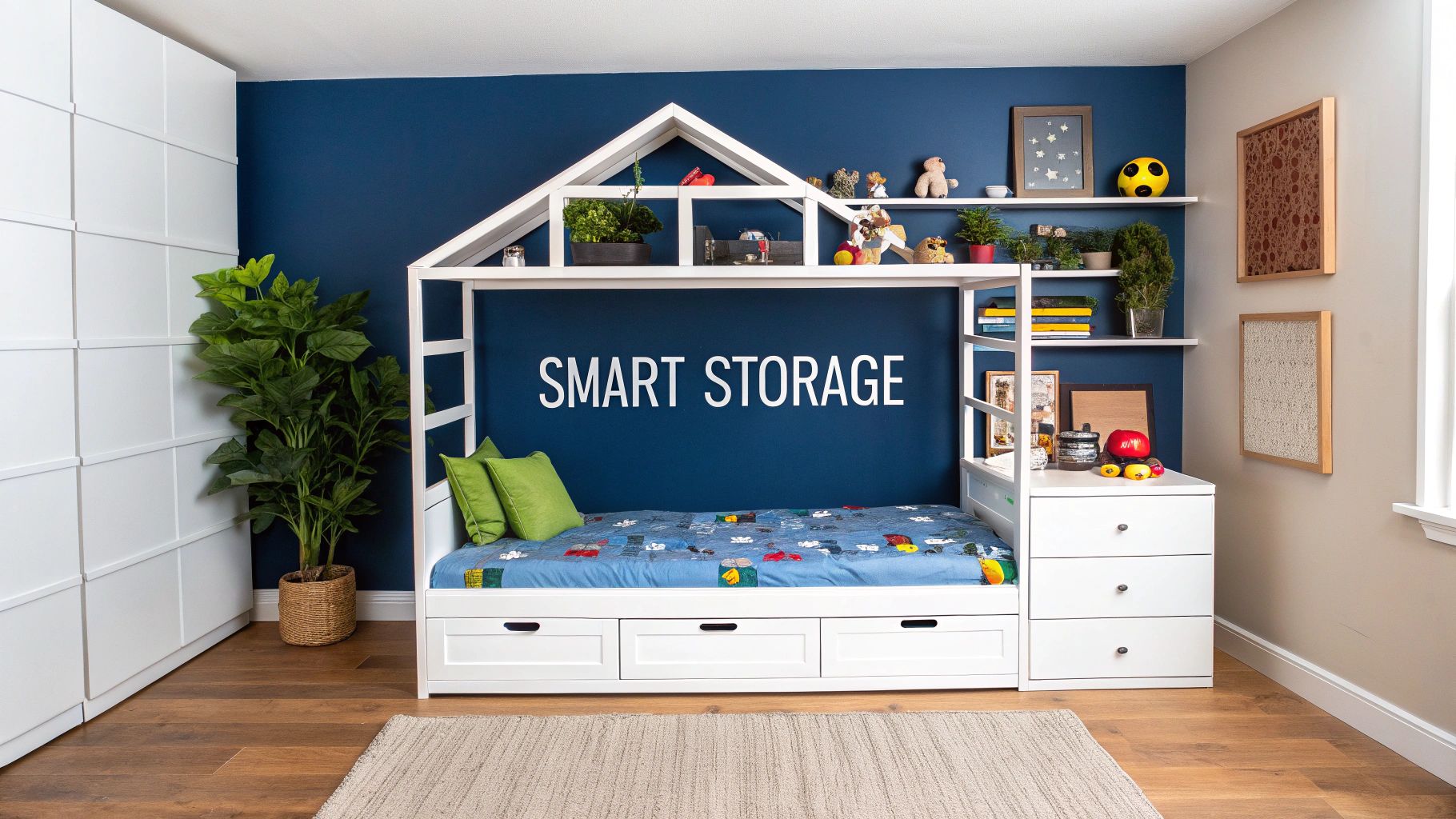 A stylish kids house bed with integrated under-bed storage drawers, in a well-organized room