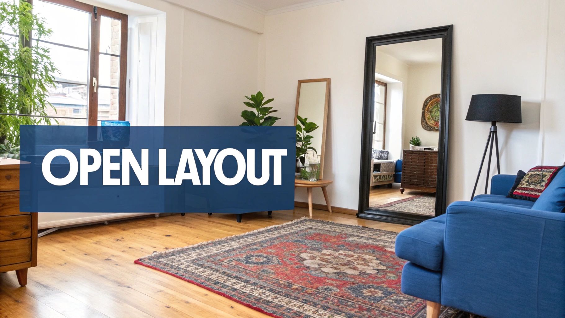 A bright living room with a blue sofa, large mirror, patterned rug, and green plants.