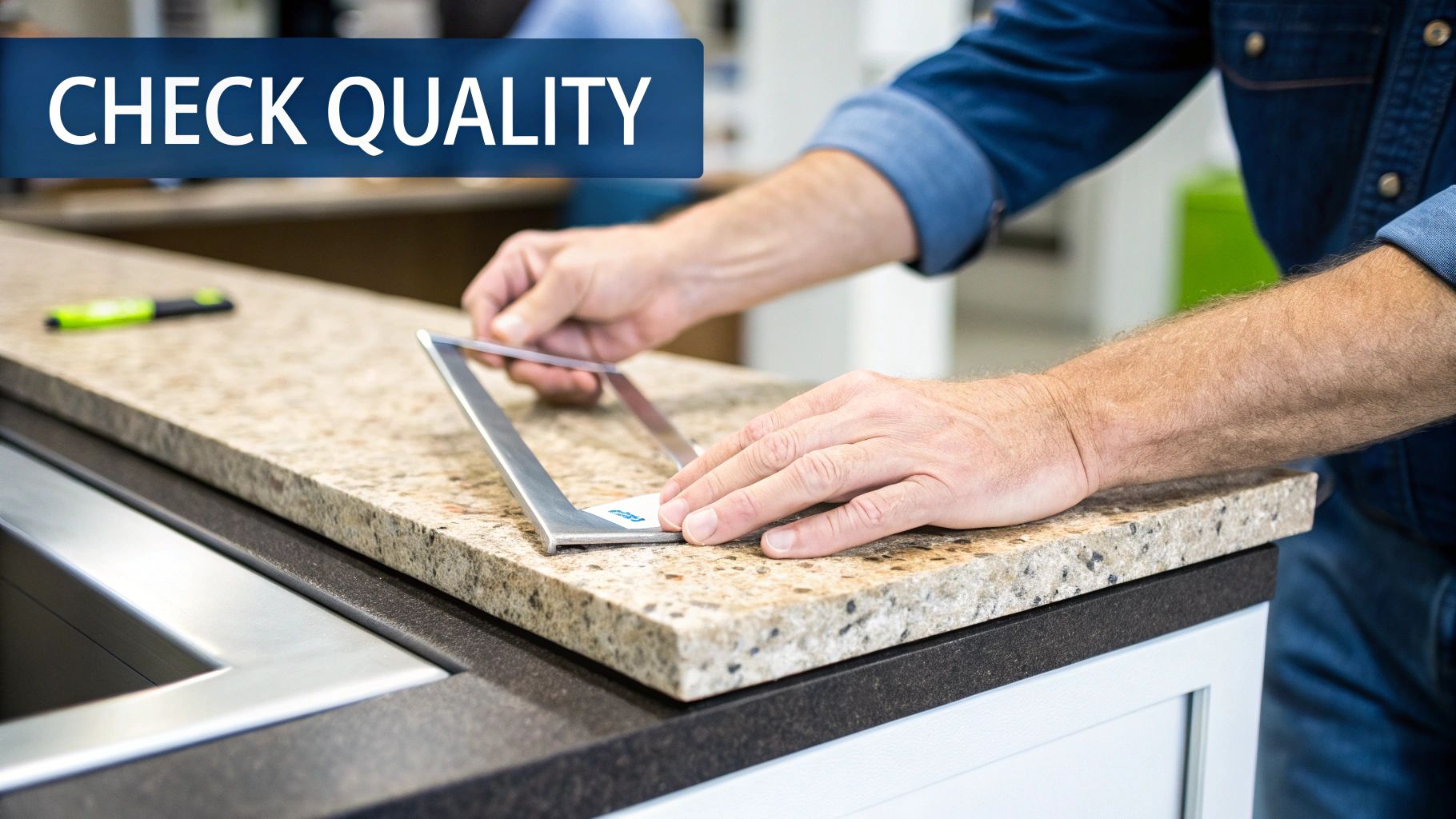 A person uses a metal square tool to check the precise corner of a granite countertop, ensuring quality.