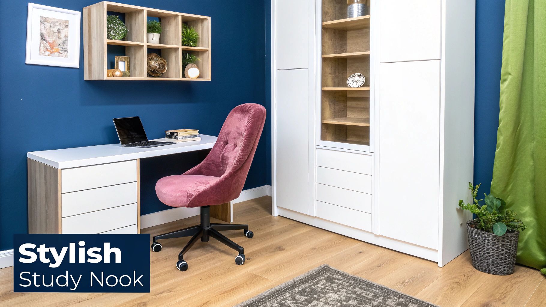 A luxurious corner study desk setup in a well-lit room