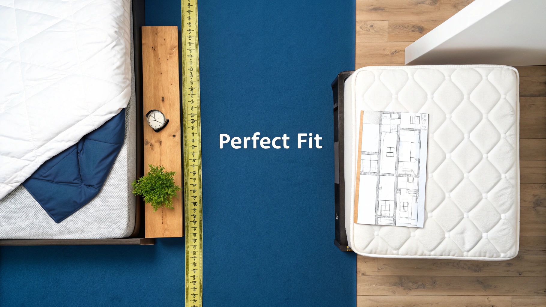 Overhead view of a bedroom setup featuring a bed, mattress, measuring tape, and a floor plan, highlighting a perfect fit.