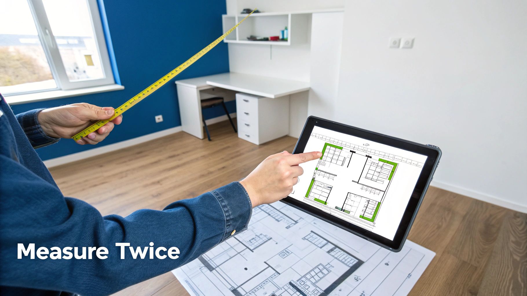 An L shaped computer desk with a laptop and decor, positioned in a corner to save space.