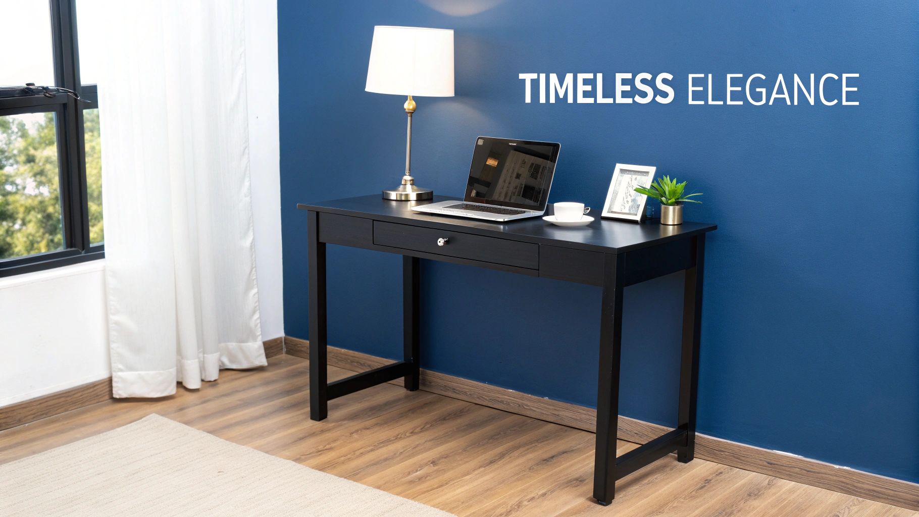 A sleek, modern black office desk in a well-lit room, showcasing its sophisticated appeal.
