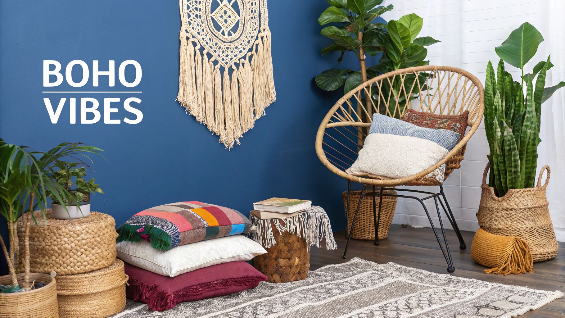 A cozy bohemian room corner featuring a rattan chair, various plants, and textured pillows.