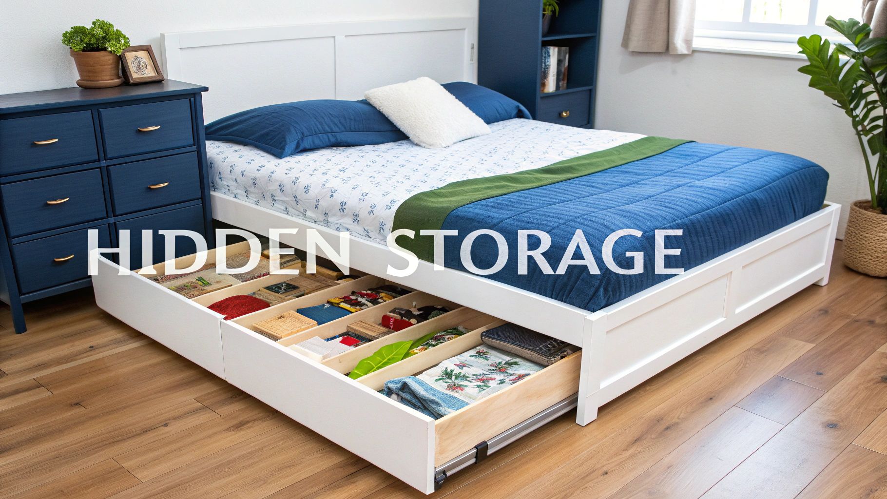 Modern white bed with hidden under-bed storage drawers, blue bedding, and a matching blue dresser.