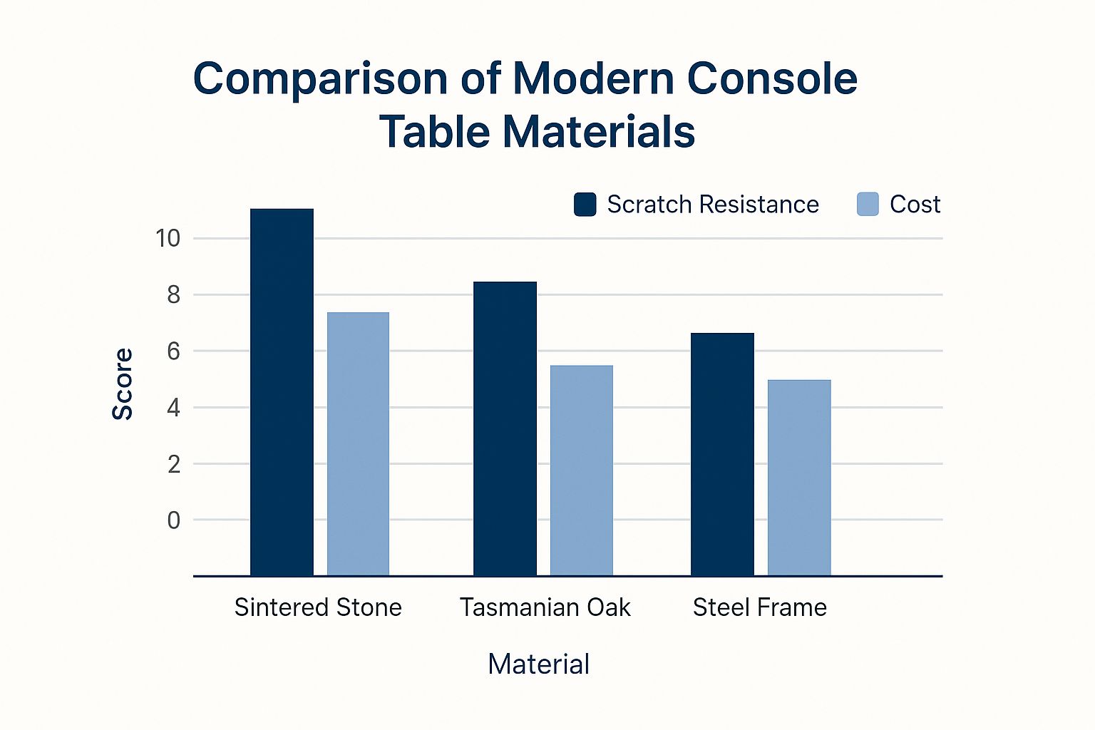 Infographic comparing the scratch resistance and cost of sintered stone, Tasmanian oak, and steel for modern console tables.