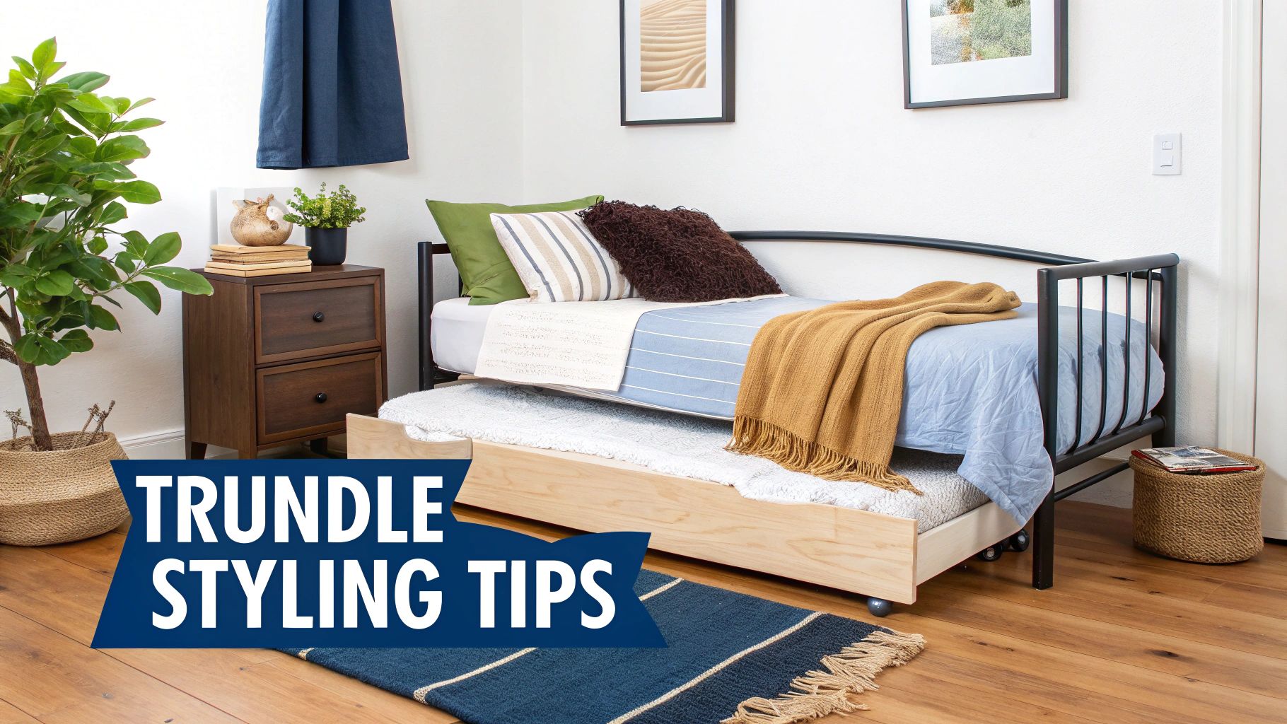 A beautifully styled single bed with trundle, featuring layered bedding and cushions in a chic bedroom.