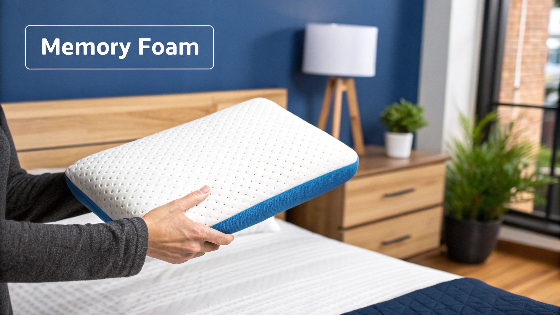 A close-up of different pillow materials like memory foam and feathers