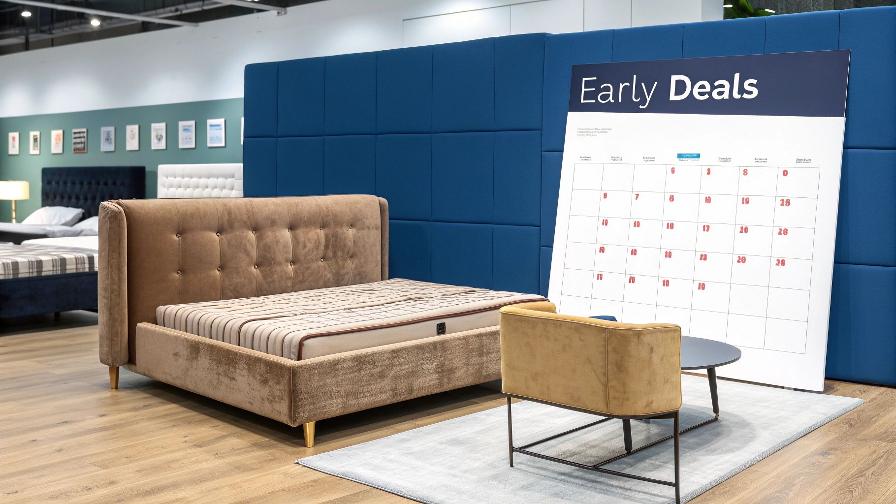 A furniture showroom featuring a brown upholstered bed, a yellow armchair, and a large 'Early Deals' calendar.