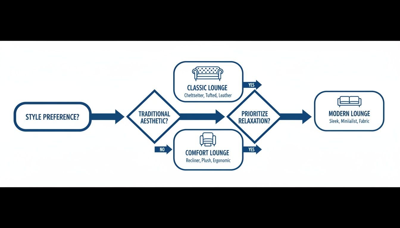Flowchart guiding style preference for choosing classic, comfort, or modern lounge furniture based on aesthetic and relaxation.