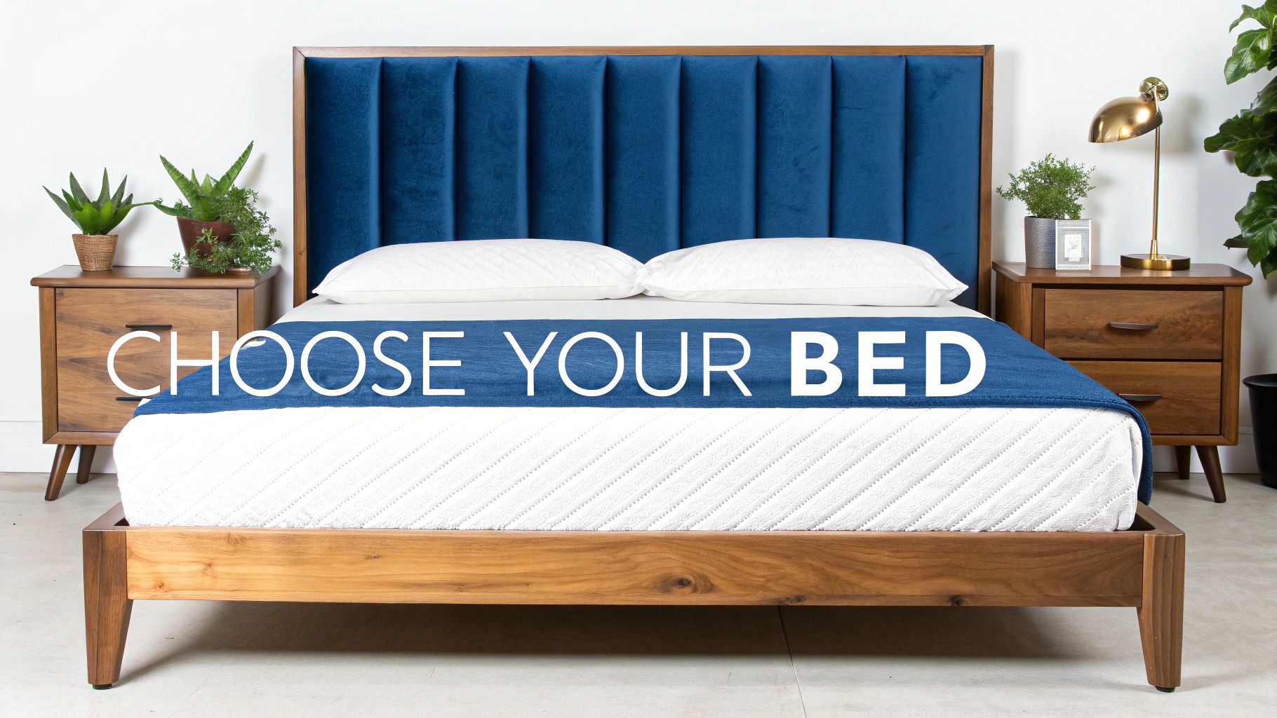 A modern bedroom features a wooden bed frame with a blue upholstered headboard, white mattress, and nightstands.