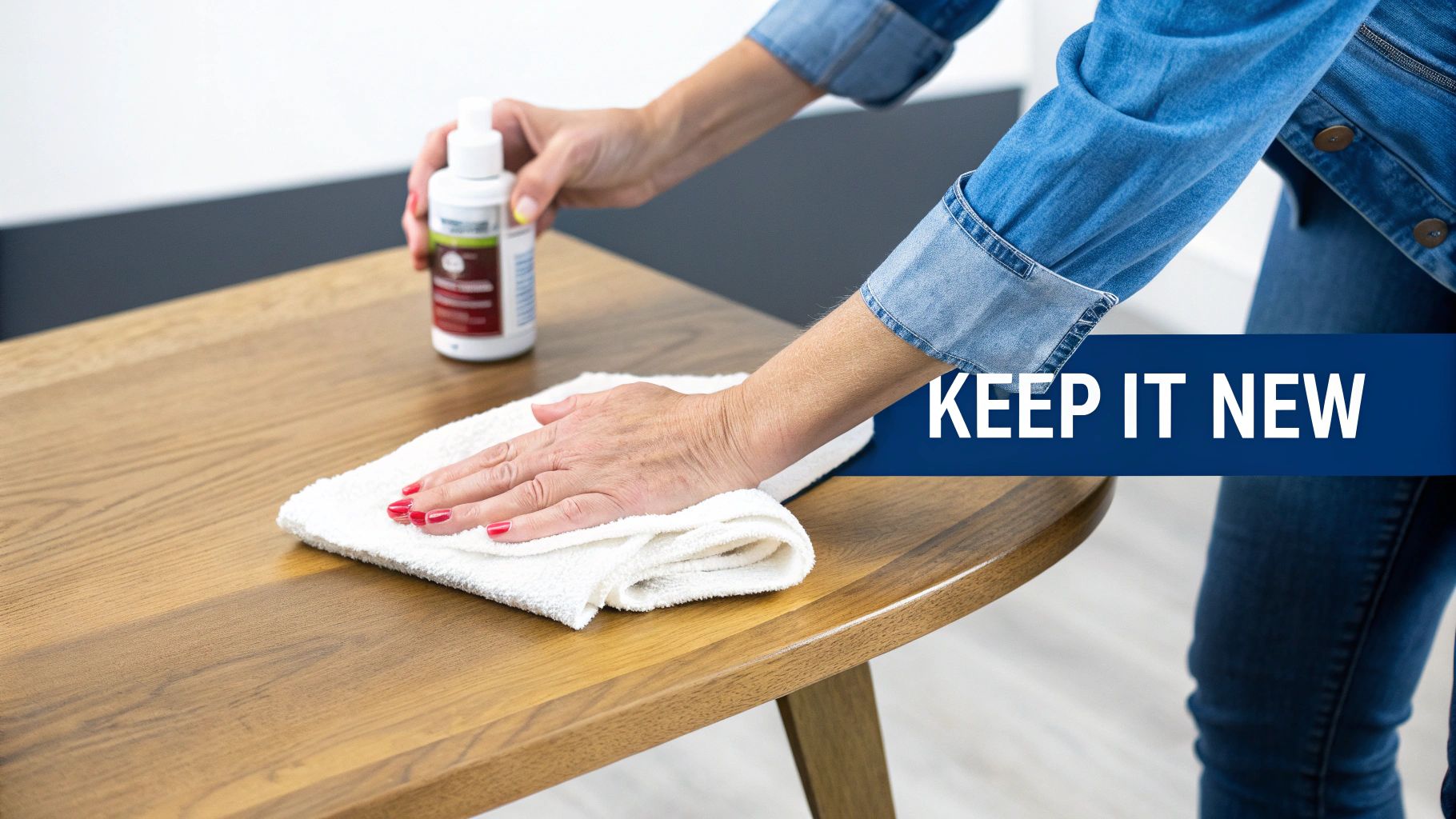 A person gently cleaning the surface of a beautiful oak coffee table.