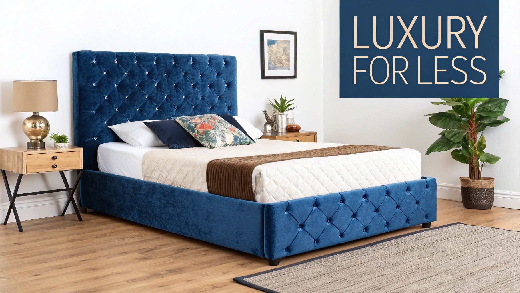 A luxurious bedroom featuring an upholstered double bed frame with drawers, demonstrating affordable elegance.