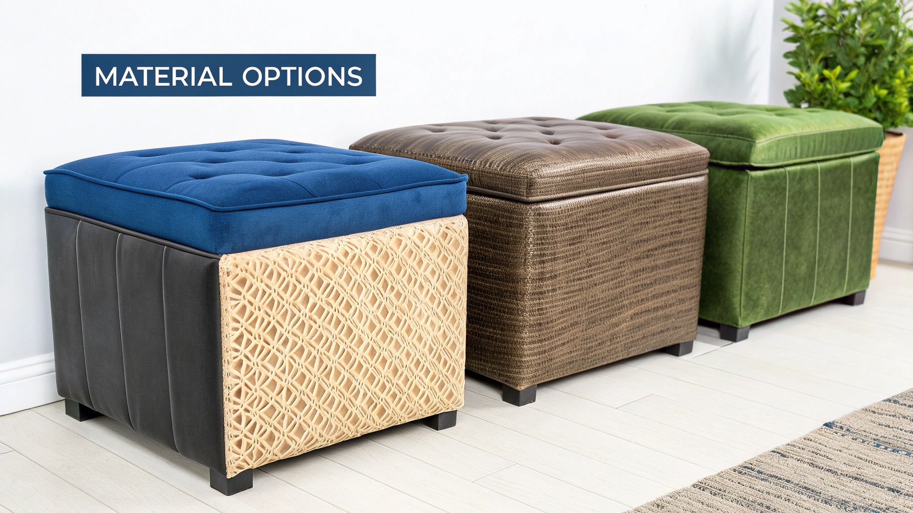 Four upholstered storage ottomans in blue, beige, brown, and green materials with tufted cushioned tops