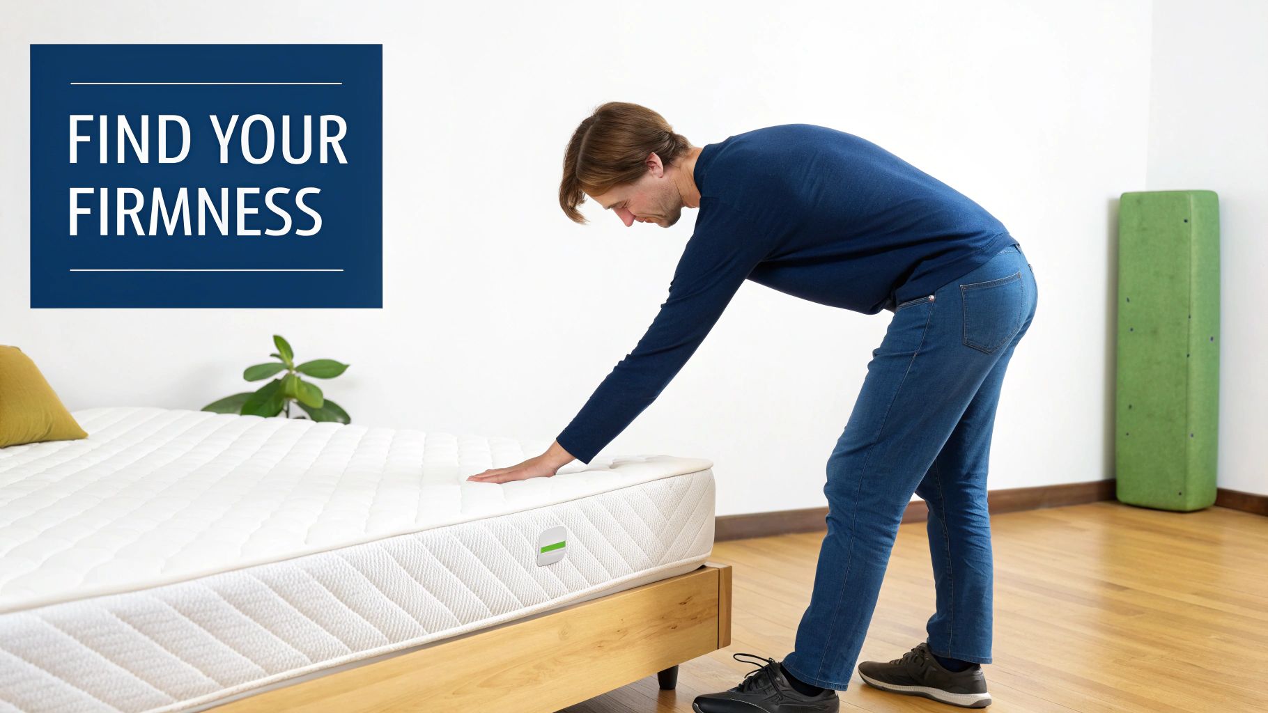 Woman testing mattress firmness in a showroom