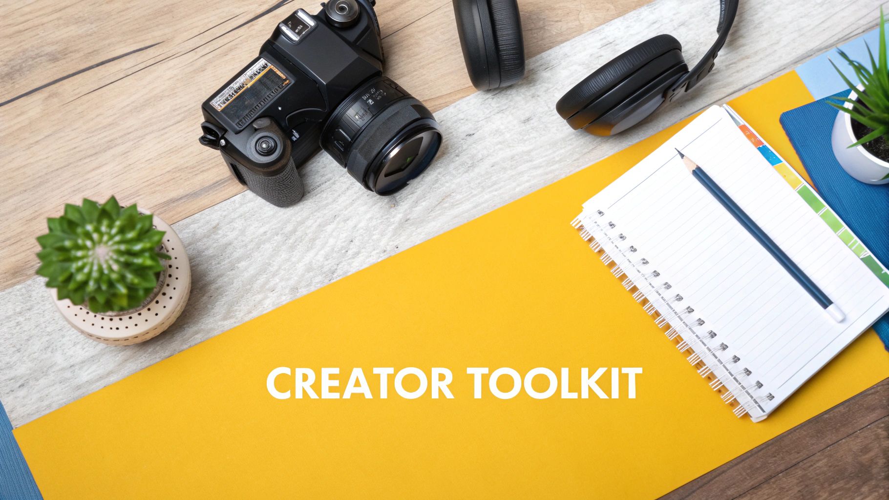 A professional creator's toolkit flat lay with a camera, headphones, notebook, and a succulent plant.