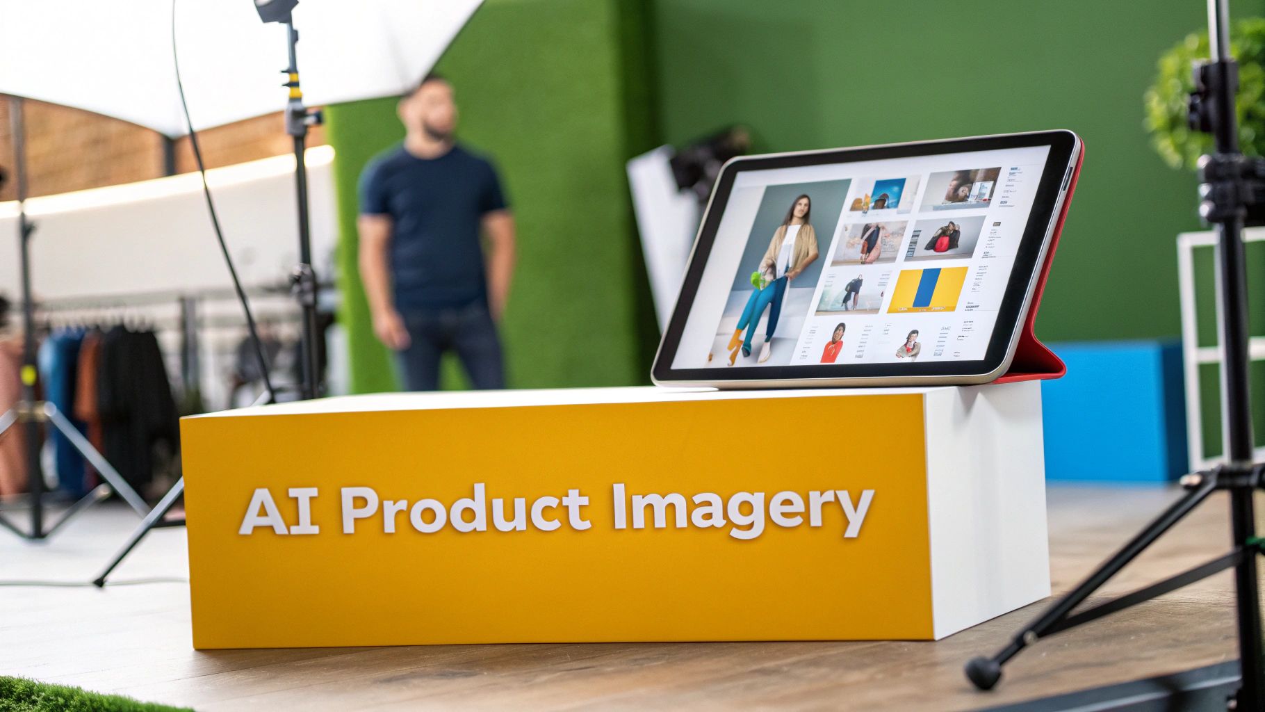 A yellow display stand reads 'AI Product Imagery' with a tablet showing product photos.