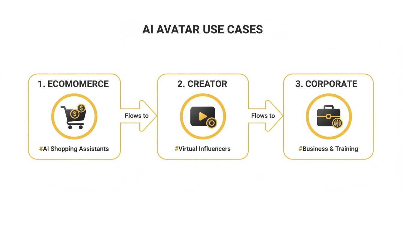 Infographic showing AI avatar applications across e-commerce, content creation as virtual influencers, and corporate business training.