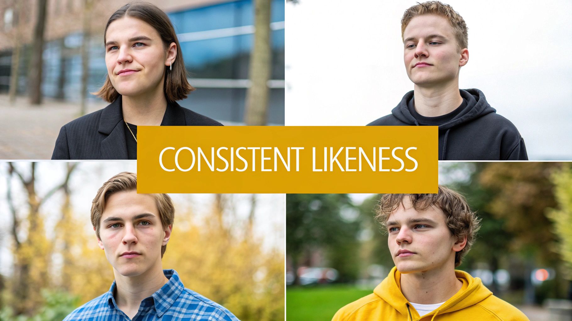 Four individual portraits of diverse young people with a "CONSISTENT LIKENESS" text overlay.