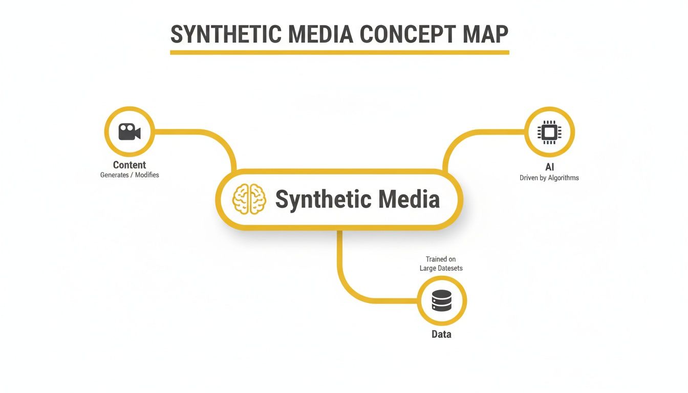 A concept map illustrating synthetic media's relationship with content, AI, and data.