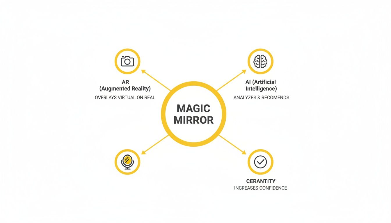 Diagram illustrating Magic Mirror technology's AR, AI, and confidence-boosting features.