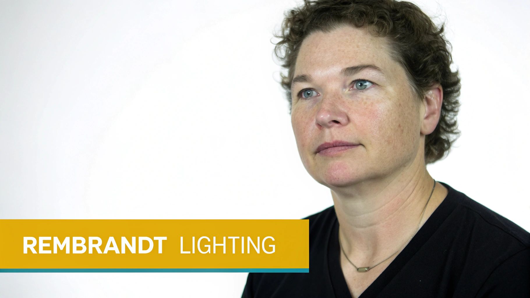 Woman's portrait demonstrating Rembrandt lighting technique, with 'Rembrandt Lighting' text overlay.