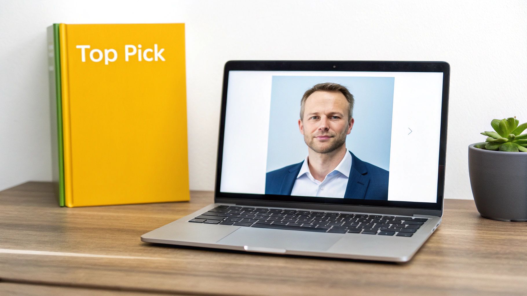 A laptop on a wooden desk displays a professional male headshot, next to 'Top Pick' books and a succulent plant.