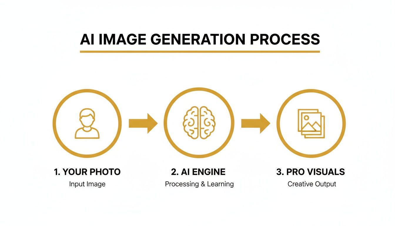 A diagram illustrating the AI image generation process from an input photo to creative visual output.