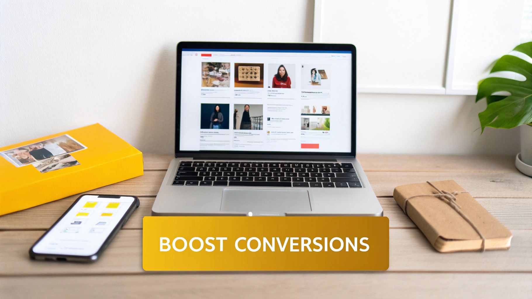 Laptop displaying product images and social media, with a smartphone and a 'Boost Conversions' banner on a wooden desk.