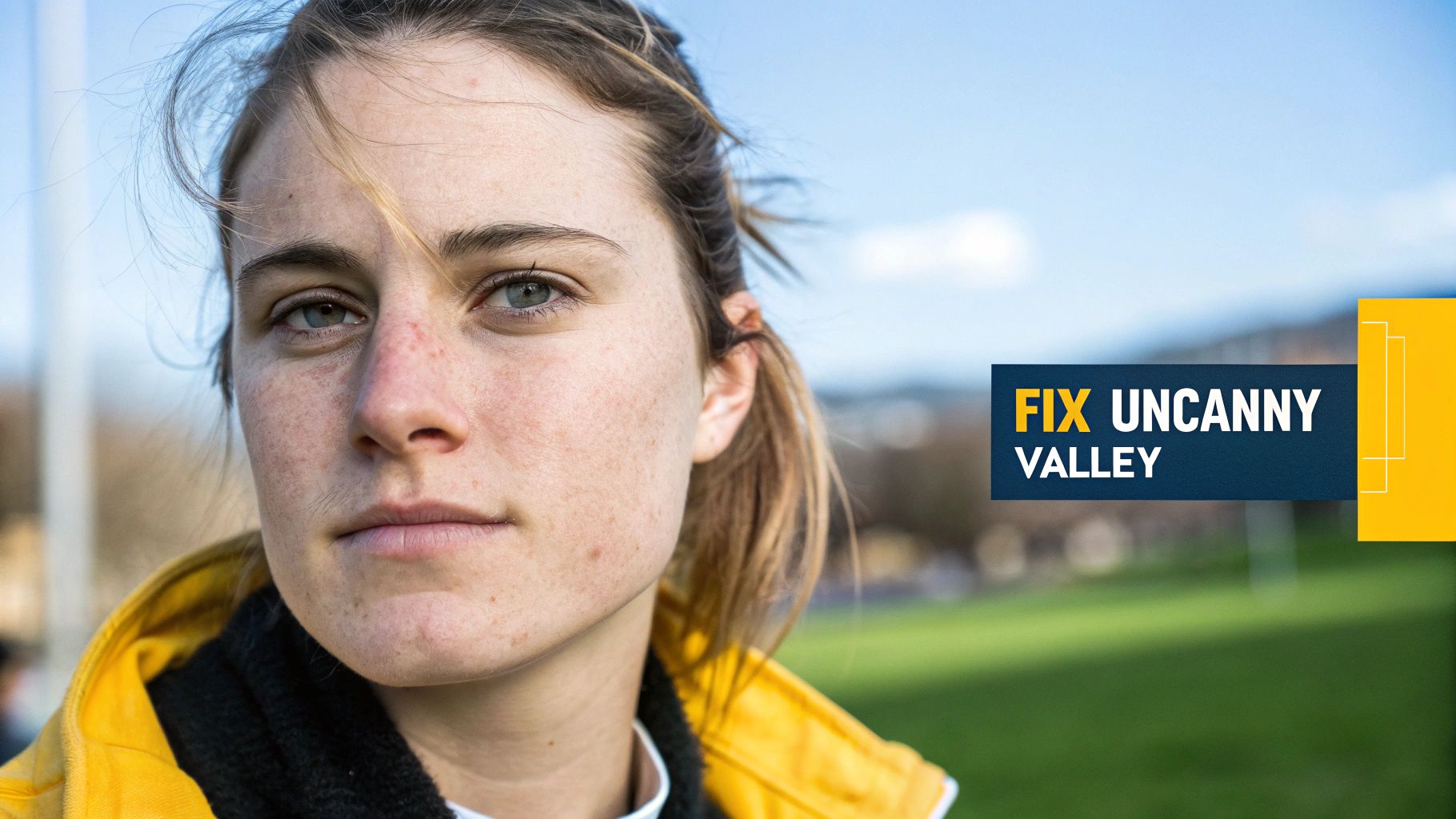 Close-up of a young woman with freckles and blue eyes, wearing a yellow jacket, with 'FIX UNCANNY VALLEY' text.