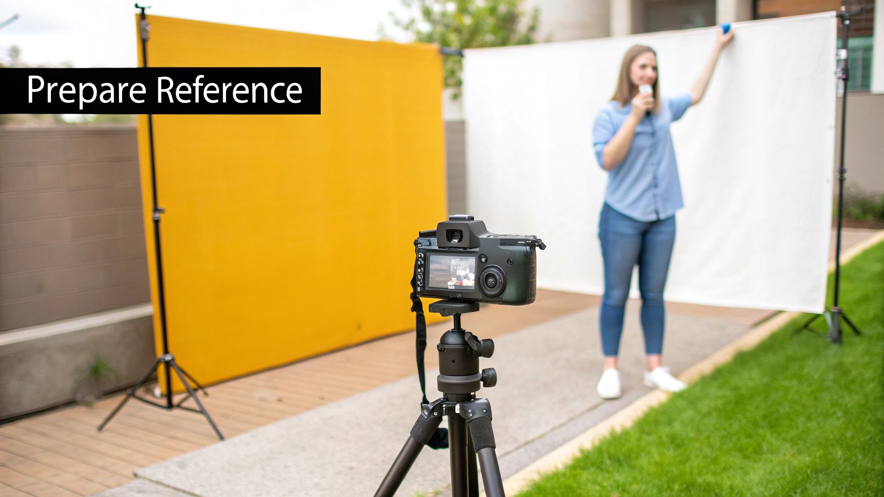 A camera on a tripod records a woman speaking in front of yellow and white backdrops.