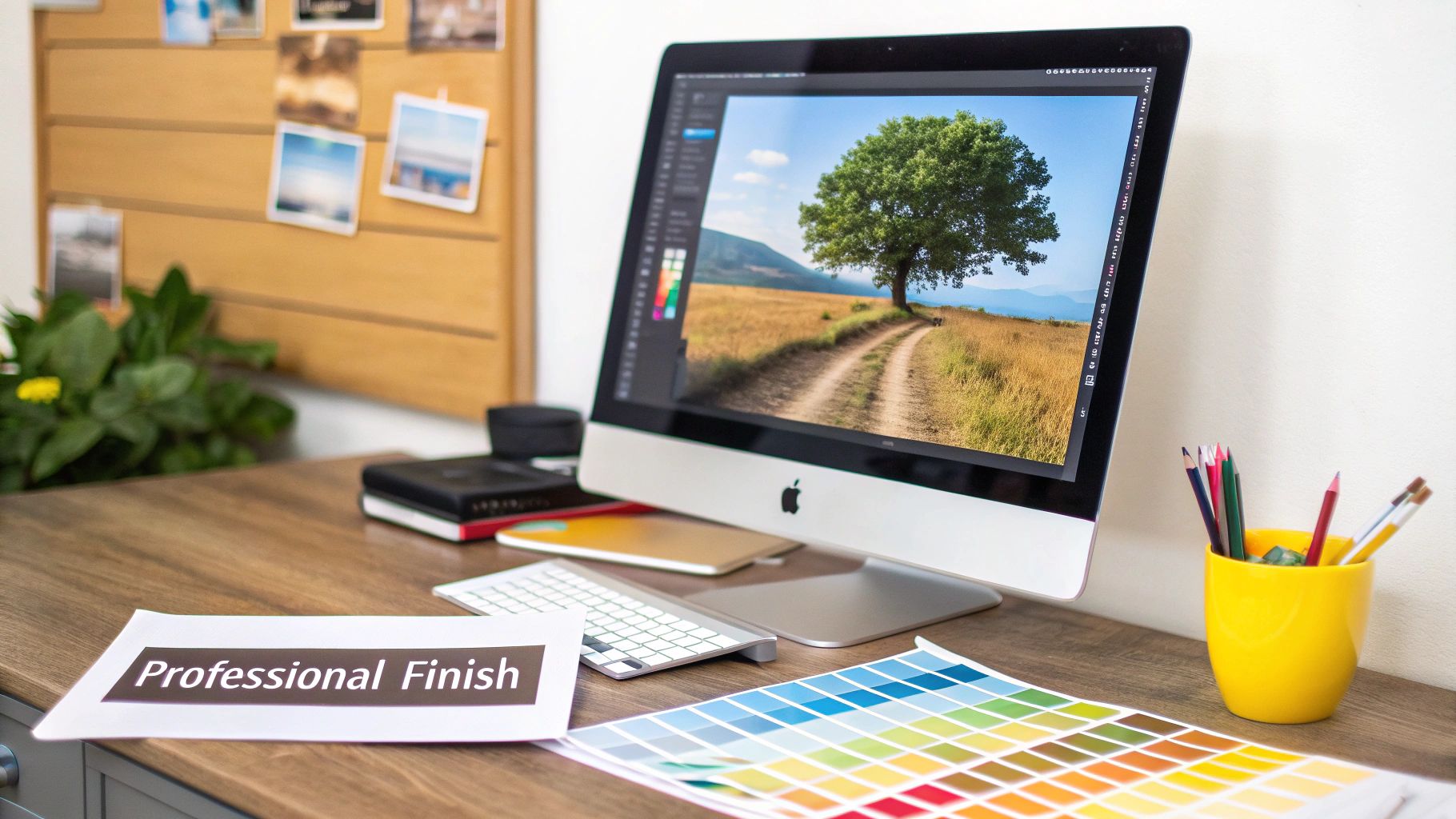 A desk with an iMac showing image editing, a color swatch, and design supplies for creative work.
