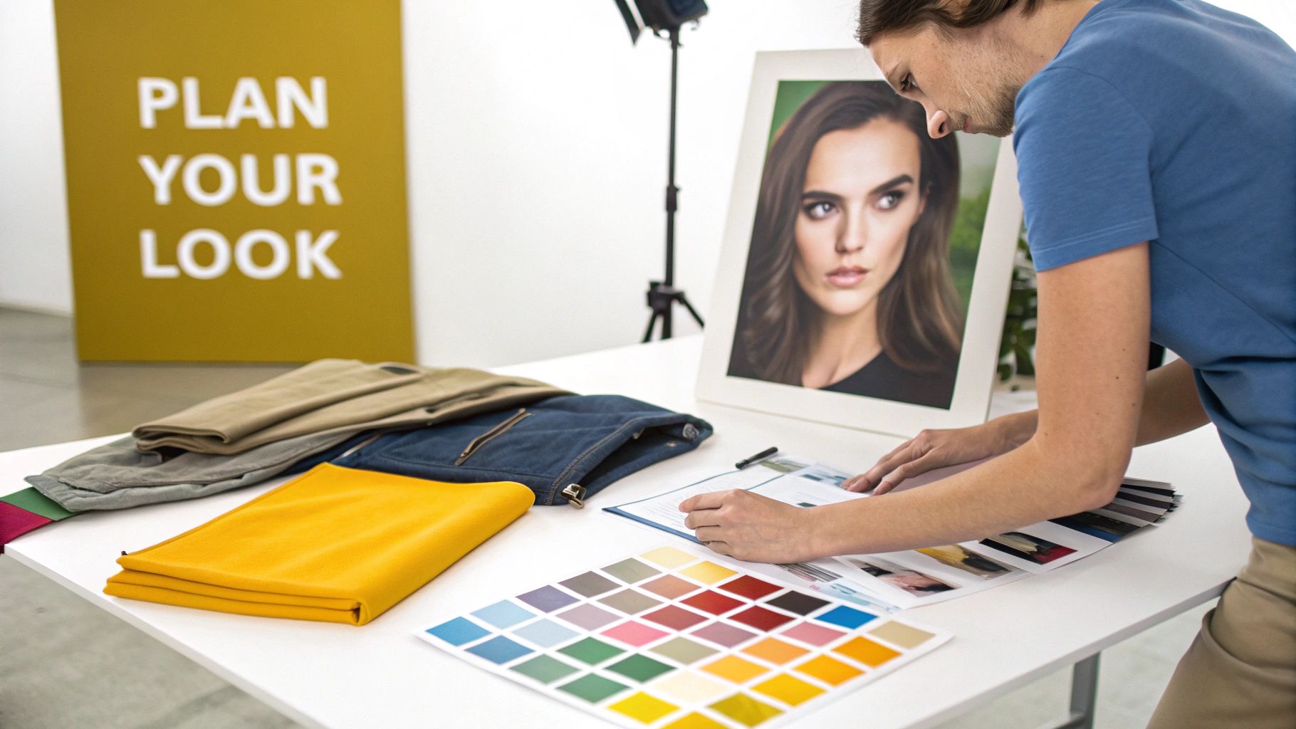A man reviews color swatches and clothing samples on a table, planning a look with a model's portrait and 'PLAN YOUR LOOK' sign.