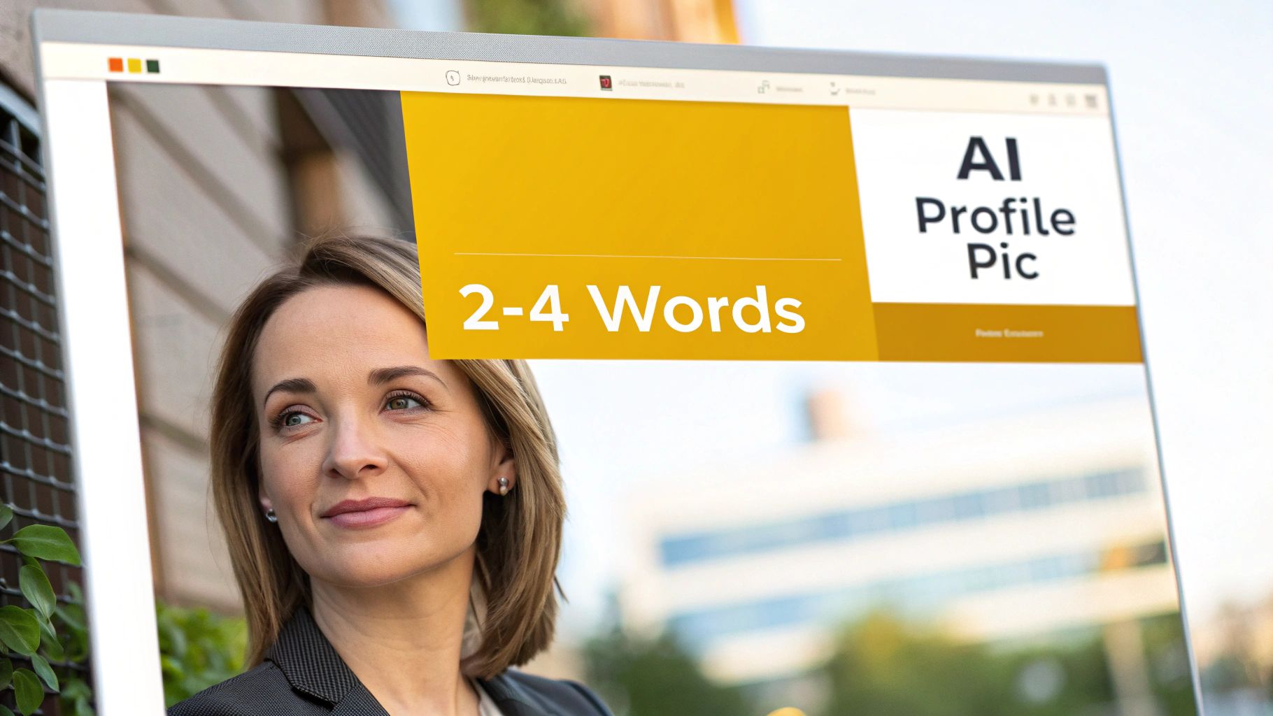 A woman looking at a laptop screen displaying a website with 'AI Profile Pic' and a yellow banner.