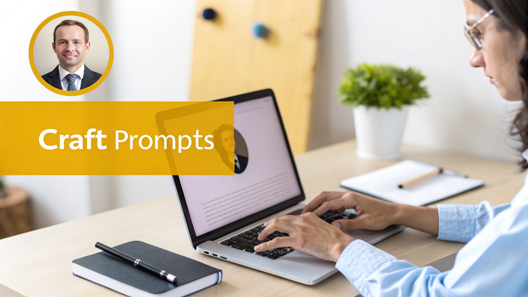 A person typing on a laptop with a 'Craft Prompts' banner, alongside a professional headshot of a smiling man in a suit.