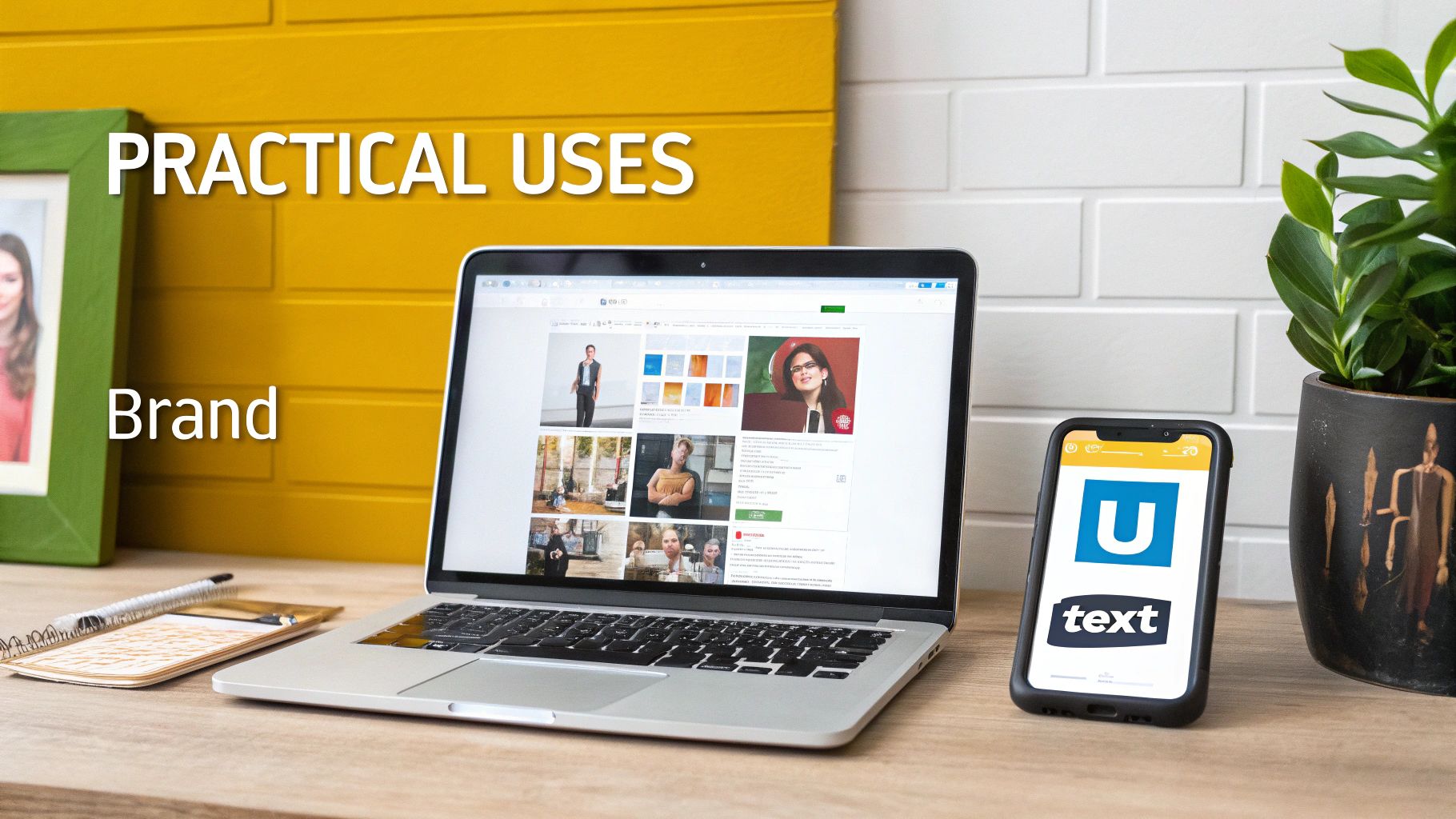 A modern workspace with a laptop showing diverse headshots, a smartphone displaying a brand logo, and office items.