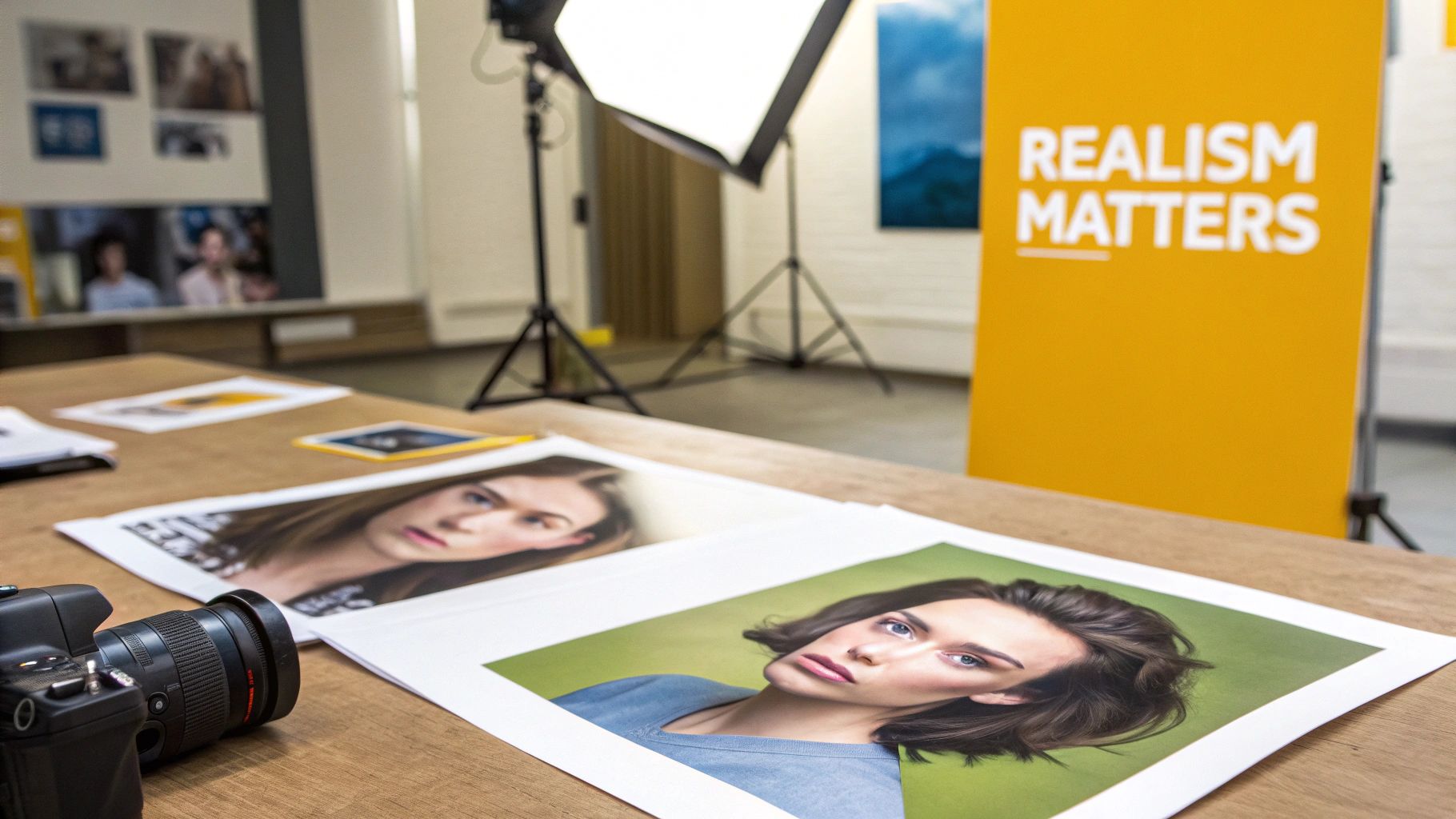Realistic photo prints of female models, camera, and studio lighting equipment on a wooden table.