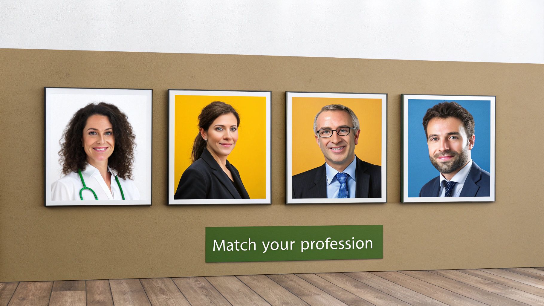 Four professional headshots of a female doctor, a businesswoman, and two businessmen displayed on a wall.