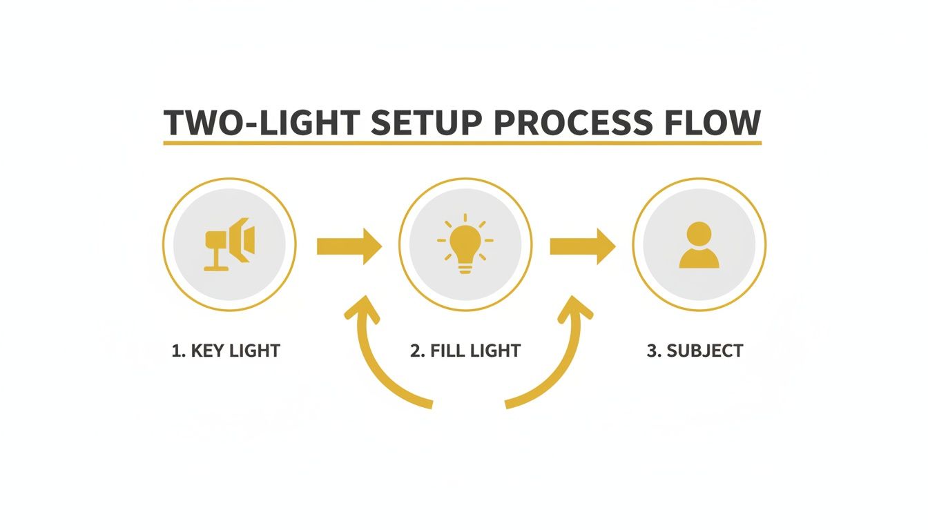 Diagram illustrating a two-light setup process flow, showing key light, fill light, and subject.