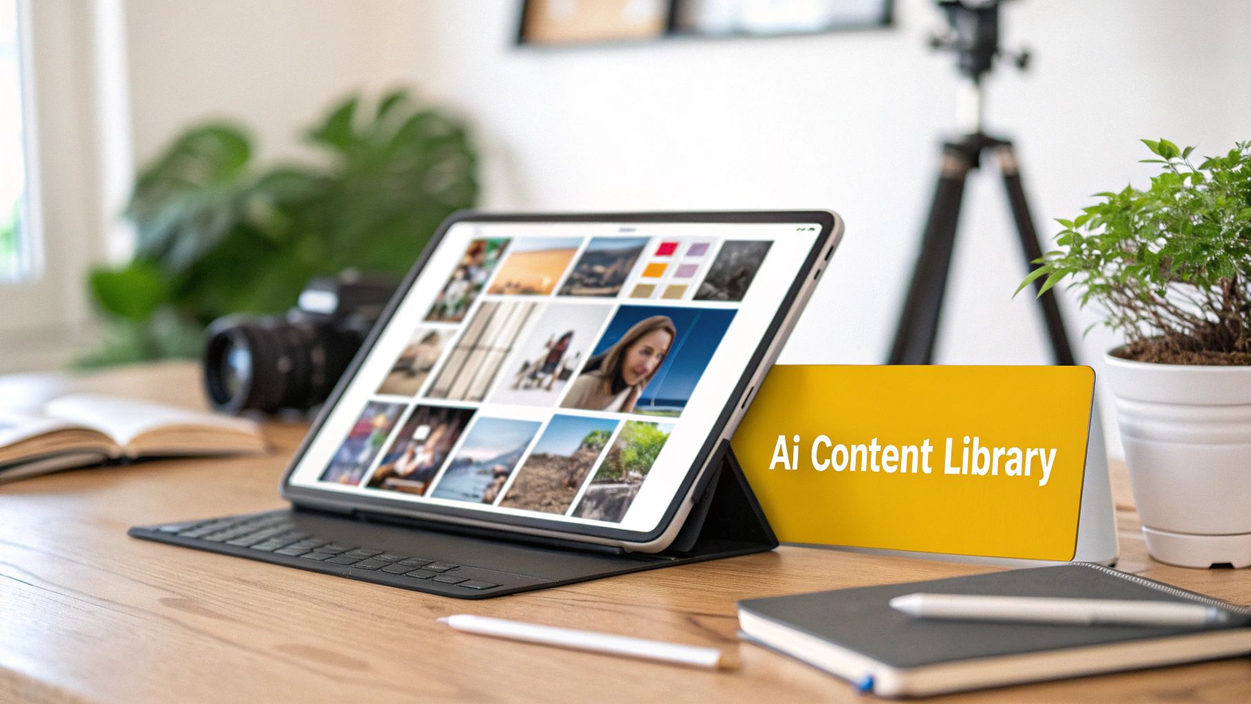A tablet displaying a photo gallery sits next to an 'AI Content Library' sign, camera, and plant on a wooden desk.