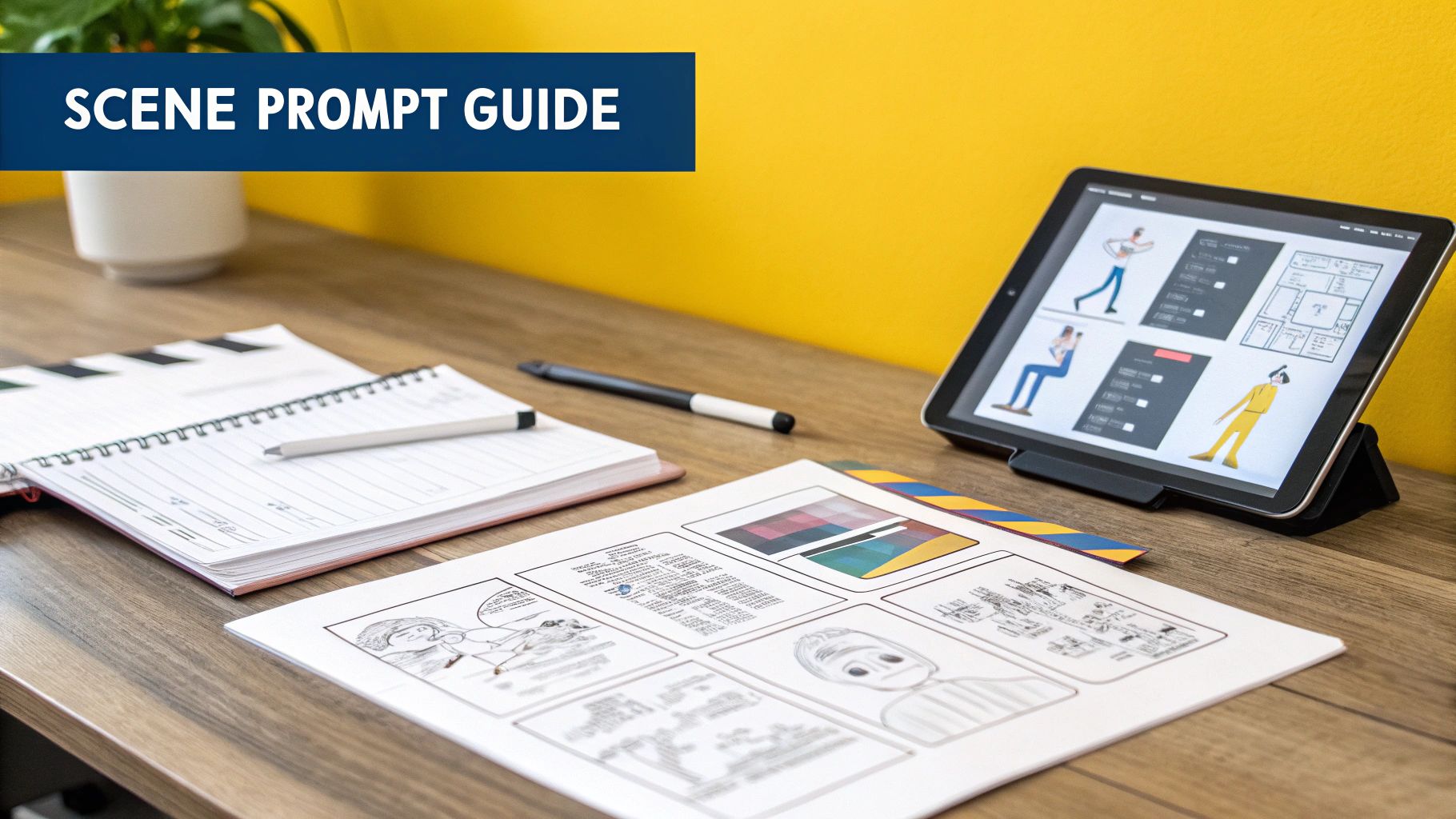 A "Scene Prompt Guide" workspace with a tablet displaying character designs and a printed storyboard.